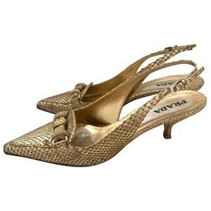 Prada Calzature Donna Gold Woven Leather Horse-bit Sling Back Kitten Heels